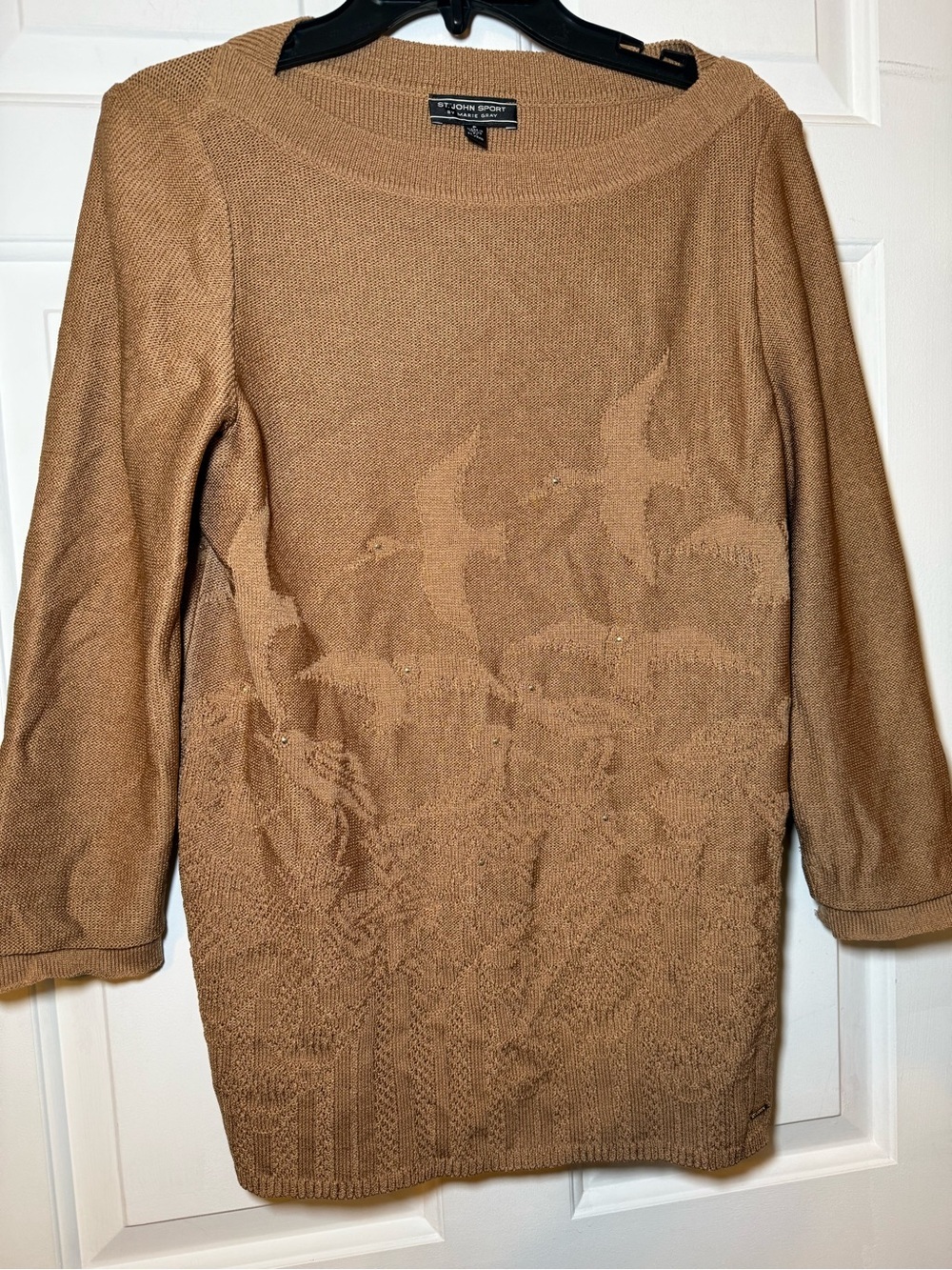 St John Sport Tan Jacquard Knit Sweater SMALL Flying Birds Beads Wool Blend EUC